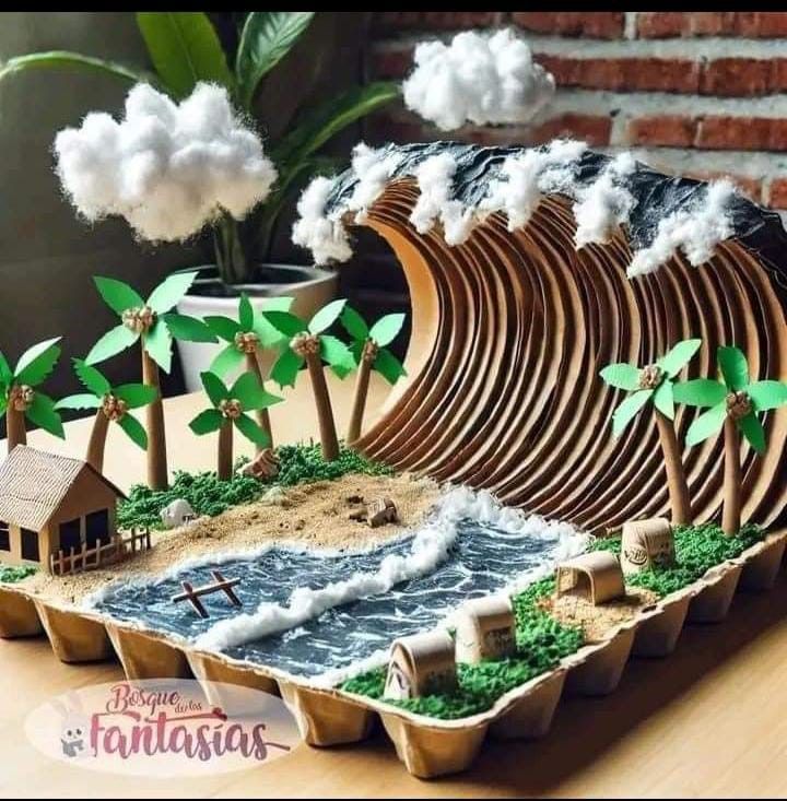 a cake made to look like a wave with palm trees and houses in the waves