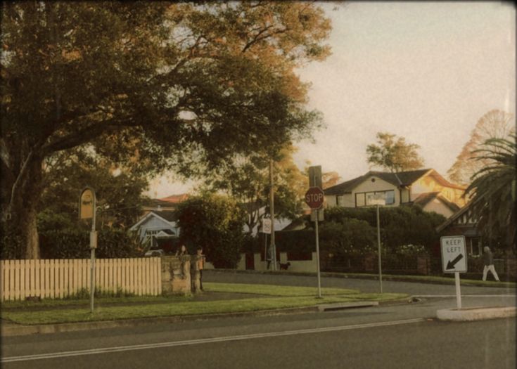 a street with houses and trees in the background