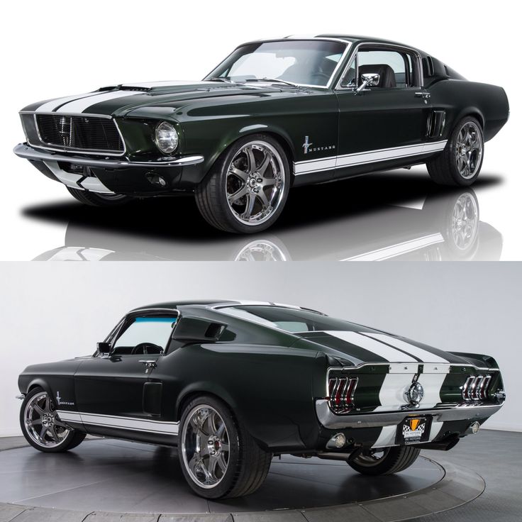 two pictures of the same car, one in green and one in black with white stripes