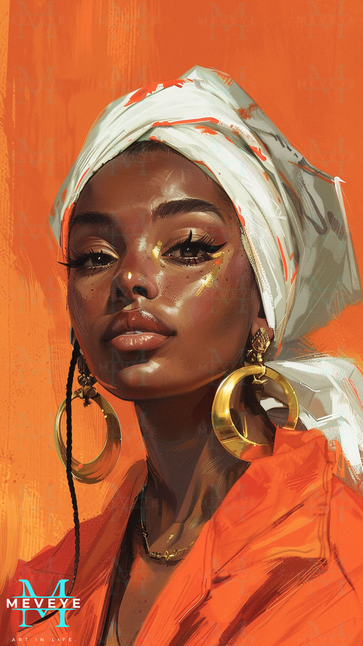 a painting of a woman in an orange dress with large hoop earrings on her head