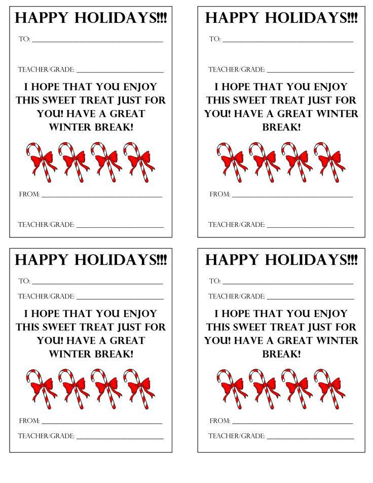 four christmas gift tags with candy canes on them and the words happy holidays written in red