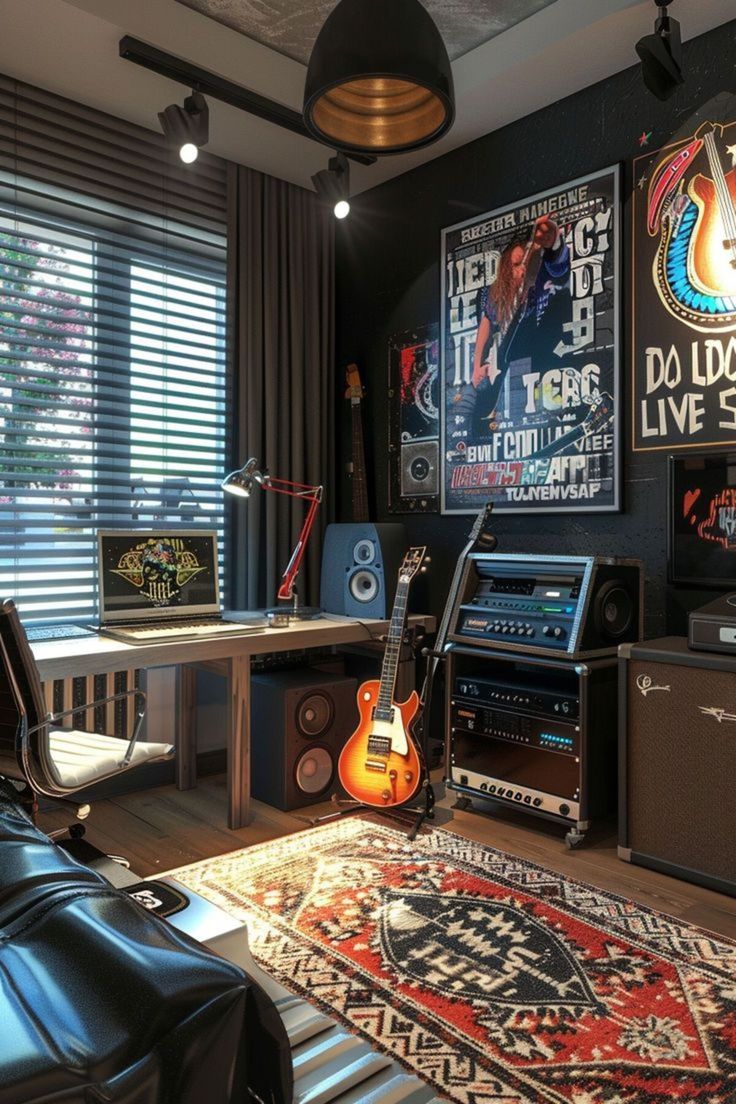 a living room with guitars and other musical equipment