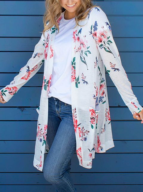 Cardigan is a blend of fall colors and floral prints! If you're looking for a pattern to spice up your current wardrobe this is for you! Its soft material, color options, and most importantly pockets are just a few things we know you'll love! Details Small 0-4 Medium 6-8 Large 10-12 XL 12-14 Model is 5'5" wearing small Winter Floral Print Cotton Cardigan, Floral Print Cotton Cardigan For Winter, Casual Long Sleeve Patterned Cardigan, Casual Patterned Long Sleeve Cardigan, Open Front Printed Cardigan For Fall, Trendy White Floral Print Outerwear, Spring Printed Long Sleeve Cardigan, White Printed Outerwear For Fall, Bohemian Floral Print Winter Cardigan