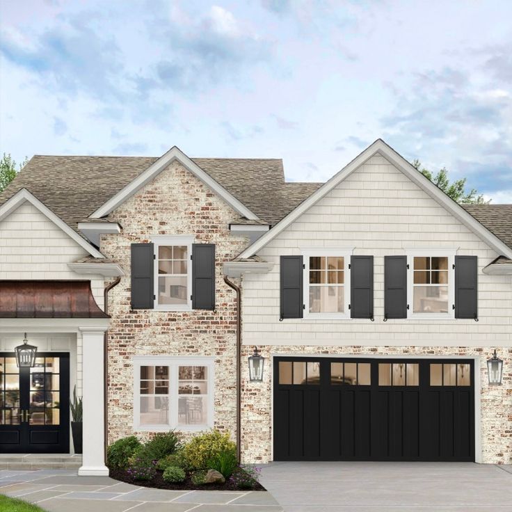 this is an artist's rendering of a two - story house with black garage doors