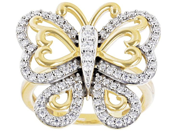 Moissanite Fire® .84ctw diamond equivalent weight round, 14k yellow gold over silver butterfly ring. White rhodium settings. Measures approximately 7/8" L x 1/16" W and is not sizeable. Actual moissanite weight is .84ctw. Butterfly Ring With Diamond Accents For Anniversary, Anniversary Butterfly Ring With Diamond Accents In Diamond White, White Butterfly Ring With Diamond Accents For Anniversary, Anniversary Butterfly Diamond Ring, Butterfly Shaped Anniversary Rings With Diamond Accents, Anniversary Butterfly Ring With Diamond Accents, Fine Jewelry Butterfly Ring With Diamond Accents, White Butterfly Ring With Diamond Accents, Butterfly Shaped Diamond Ring With Diamond Accents