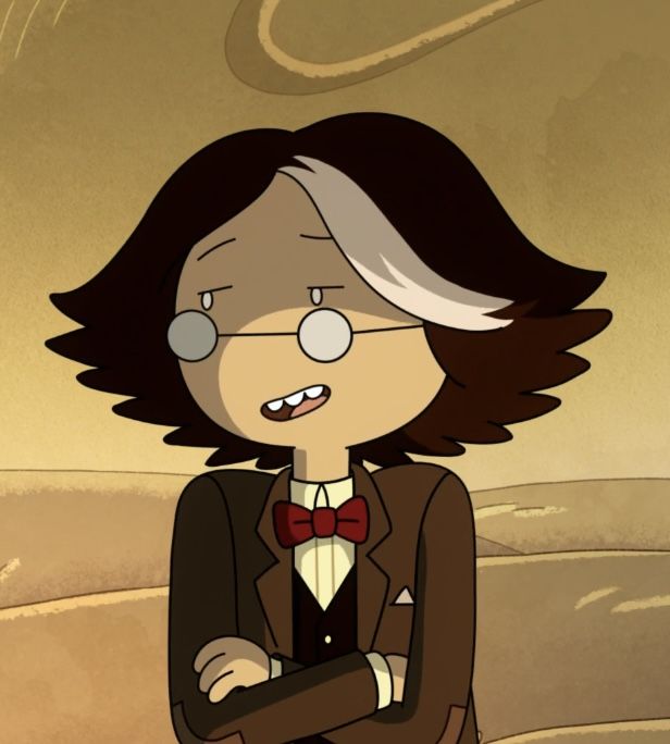 an animated image of a woman in a suit and bow tie with her arms crossed