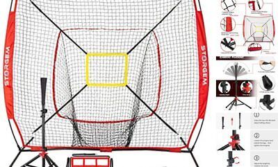 an image of a baseball batting cage with accessories and instructions on the back ground for hitting