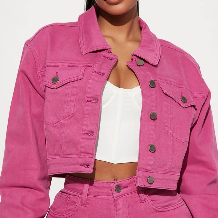 Cropped Pink Jean Jacket. Never Worn. Animal & Smoke Free Home. Spring Solid Cropped Jacket With Pockets, Solid Cropped Outerwear For Fall, Fall Cropped Outerwear, Cropped Fall Outerwear In Solid Color, Trendy Cropped Utility Jacket For Spring, Spring Cropped Trendy Utility Jacket, Pink Fitted Casual Cropped Jacket, Trendy Pink Cropped Jacket With Pockets, Pink Fitted Cropped Jacket, Casual Style