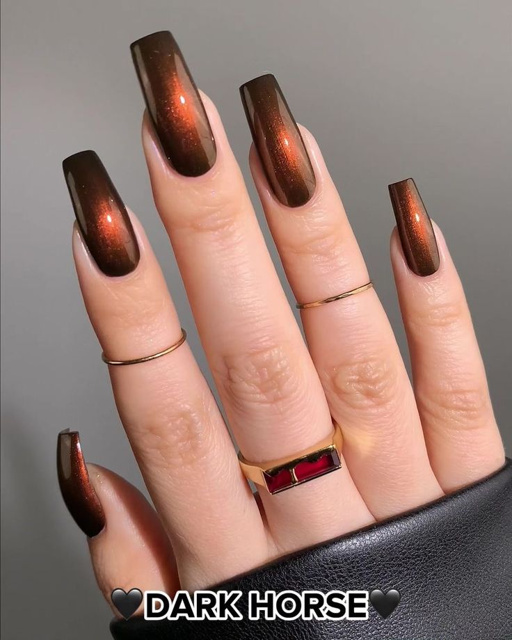 Brown Black Nails, Fall Time Nails, Fall Chrome Nails, Dark Winter Nails, Pretty Girl Nails, Chocolate Nails, Nails Matching, Nail Designs Coffin, Acrylic Nail Designs Coffin