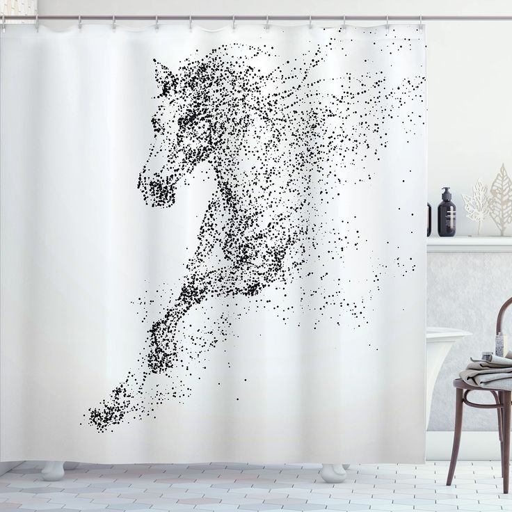 a shower curtain with a black and white horse drawn on it's side in front of a bath tub