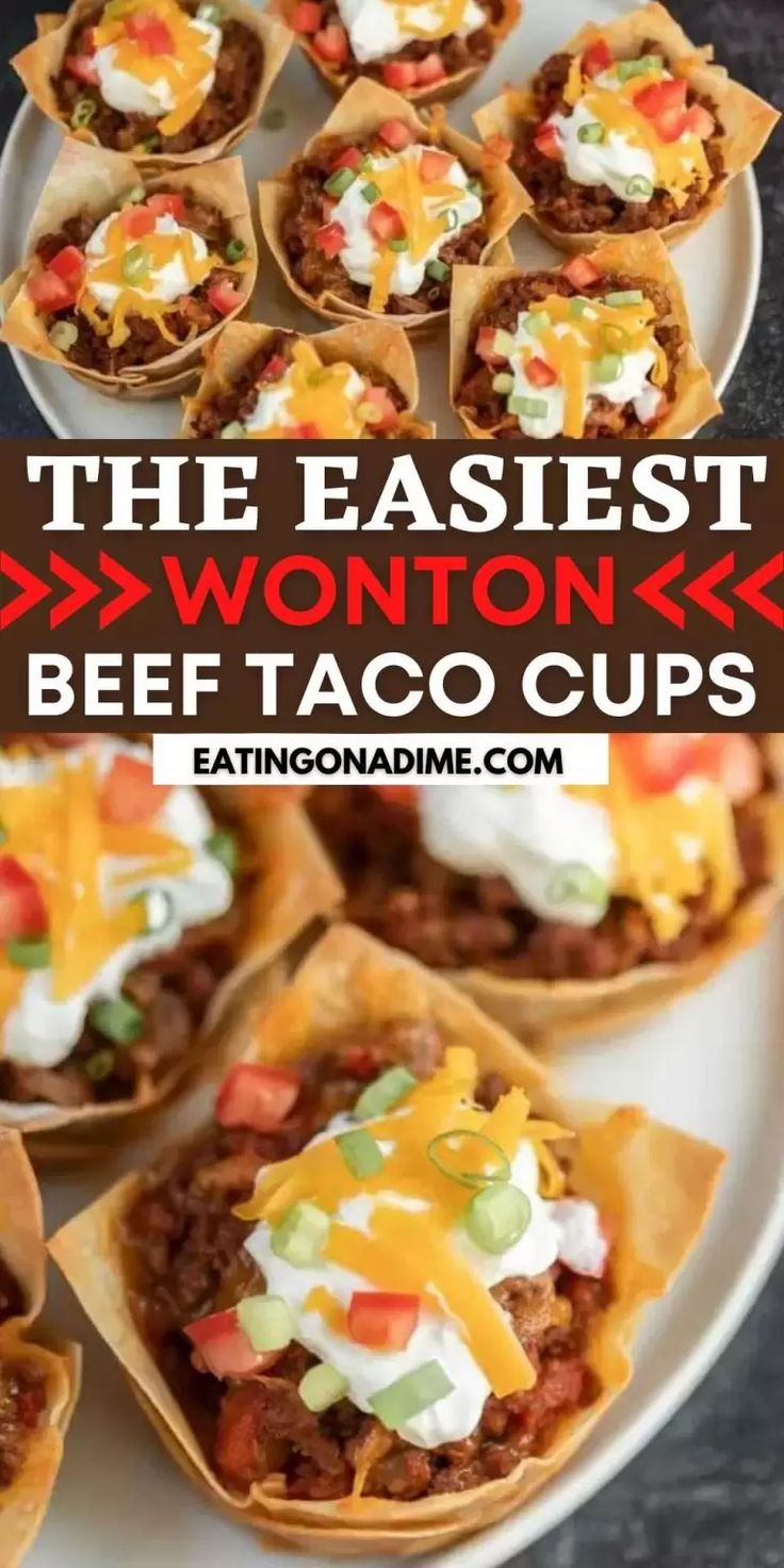 beef taco cups on a white plate with text overlay