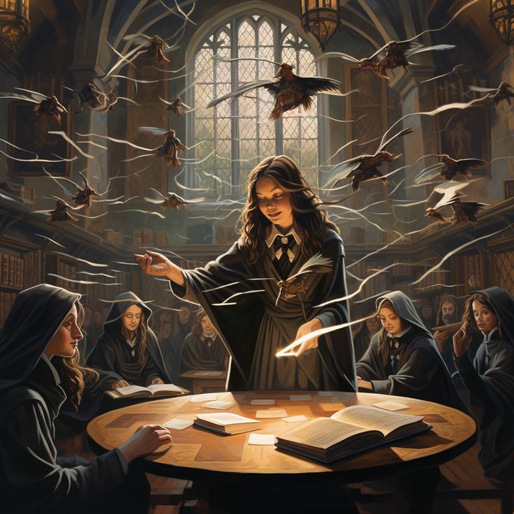 a painting of harry potter in the middle of a room full of other hogwarts