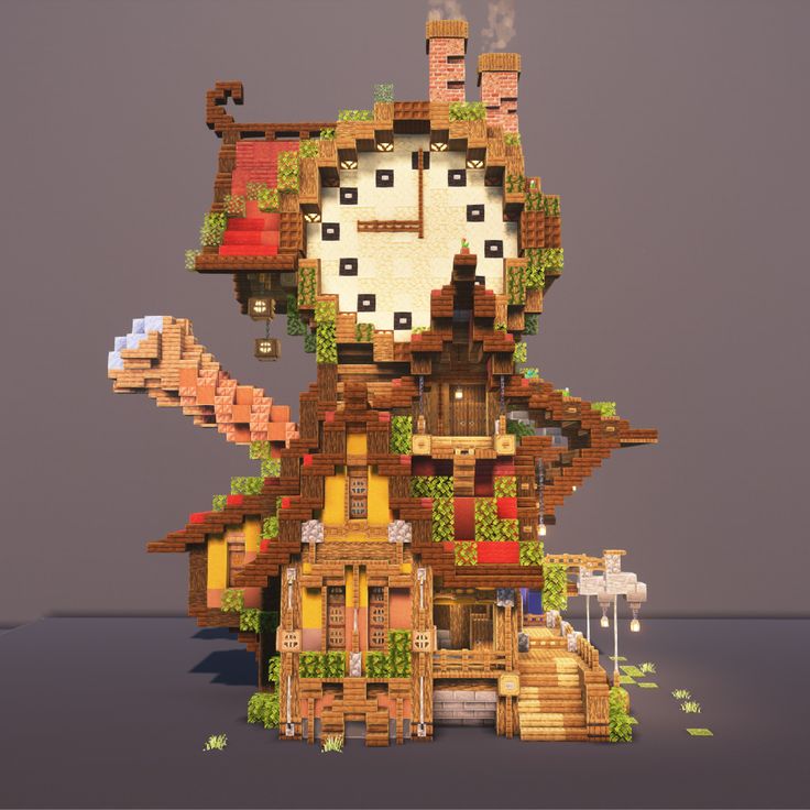 a large clock made out of legos in the shape of a house with plants growing on it