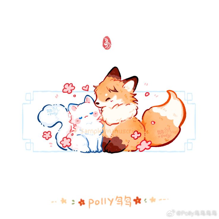 an orange and white fox laying on top of another animal next to eachother