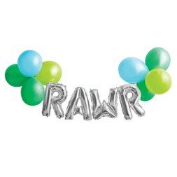 some balloons that say rawr and are in the shape of letters with green and blue balloons