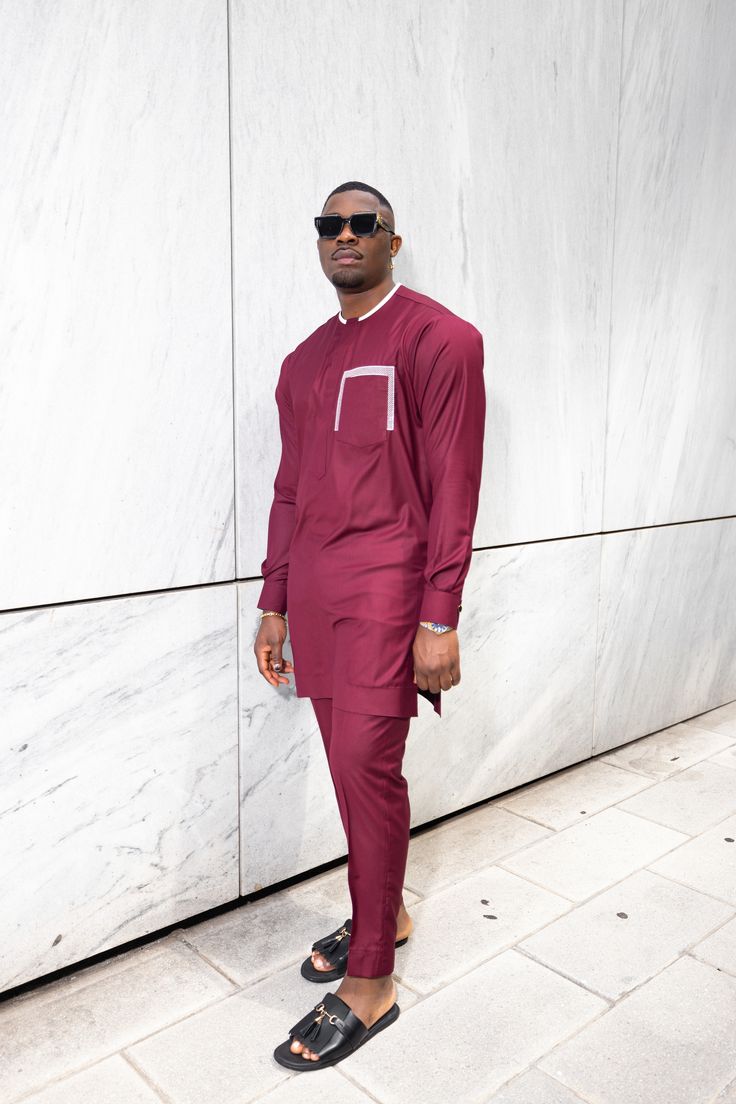 Traditional Trims - Premium Burgundy Long Sleeve Set Please select your size using the sizing chart below. Weight-Based Sizing Guide African Male Suits, African Elegance, African Suit, African Attire For Men, Kaftan Designs, Knee Pants, Wedding Suit, African Men, African Attire