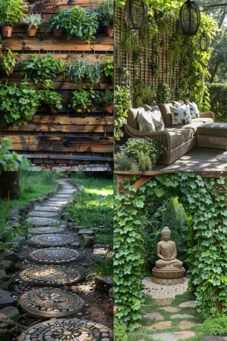 the garden is full of plants and stone paths