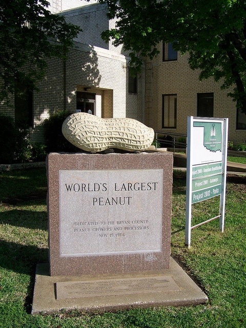 a monument in front of a building with a sign on the lawn that says world's largest peanut