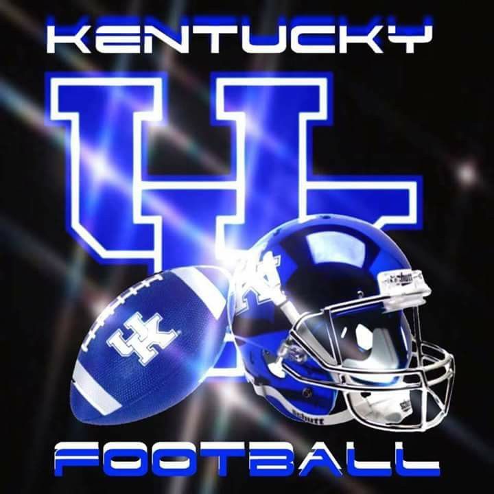 a football helmet and ball with the words kentucky on it in blue letters, against a black background