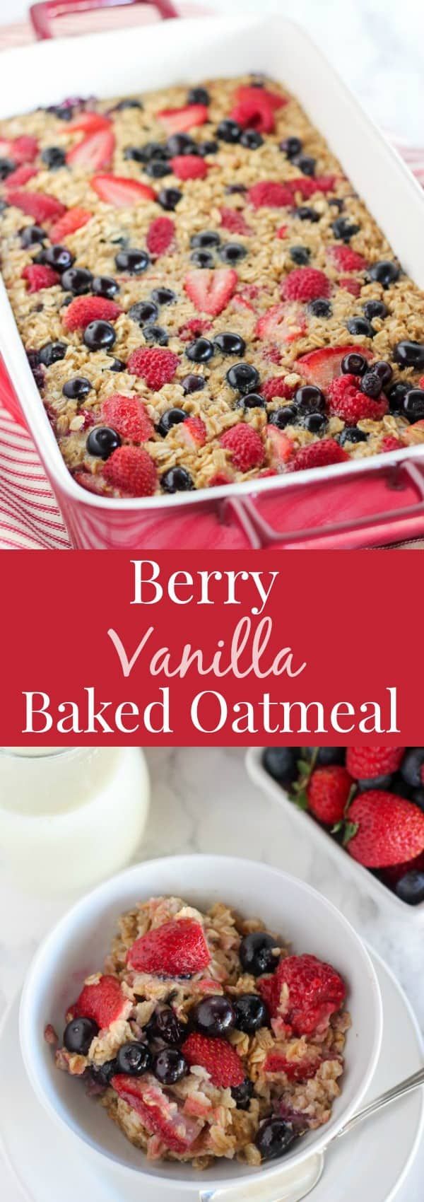 berry vanilla baked oatmeal in a white bowl