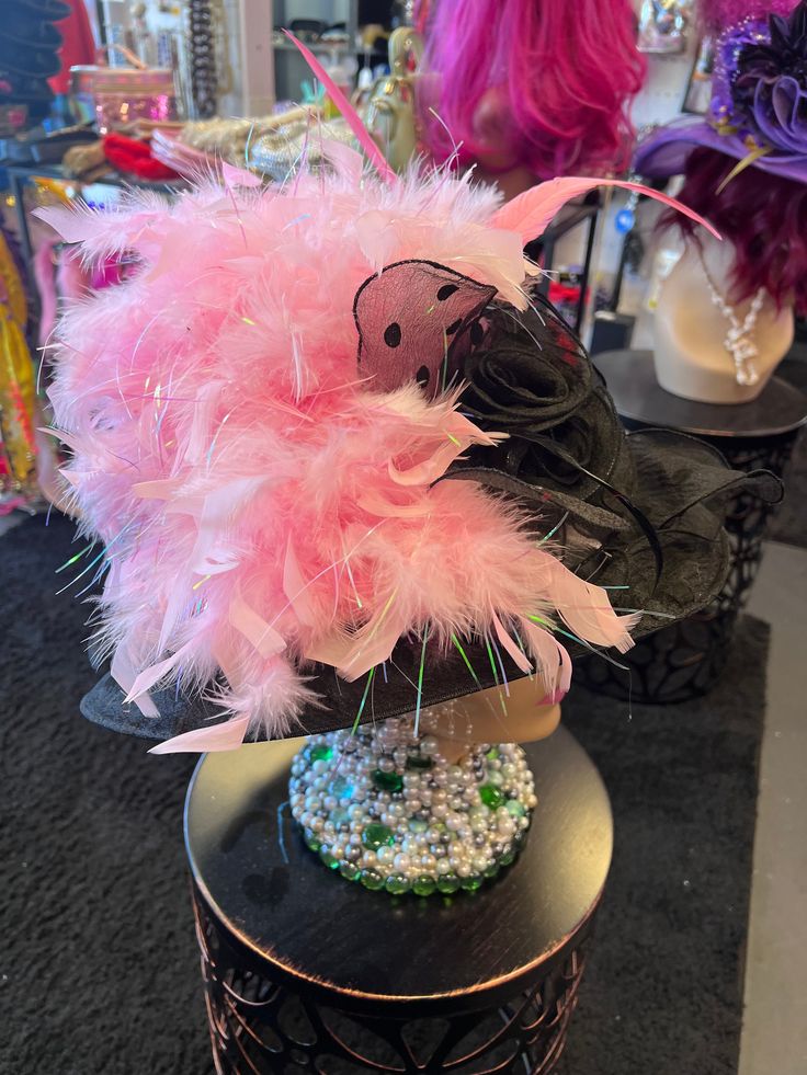 Black polka dots ruffle derby style hat one size adjustable, handcrafted by designer with pink feather boa, assorted pink and black feathers and bows, one of a kind Pink Fun Costume Hats For Carnival, Party Mini Hats With Ostrich Feather Trim, Pink Party Hat With Feathers, Carnival Mini Hats With Feathers For Races, Feathered Hats And Headpieces For Kentucky Derby Costume Party, Feathered Hat For Kentucky Derby Costume Party, Pink Fun Costume Hats For Party, Pink Fun Costume Hats And Headpieces For Party, Pink Feathered Costume Hat For Races