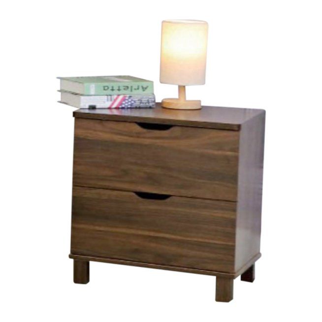 a night stand with two drawers and a lamp on top of it next to a stack of books