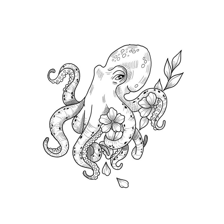 an octopus with flowers and leaves on it's back, in black and white