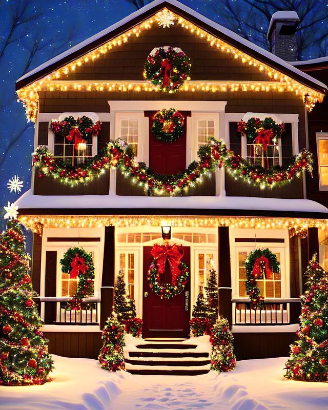 a house with christmas lights and wreaths on it