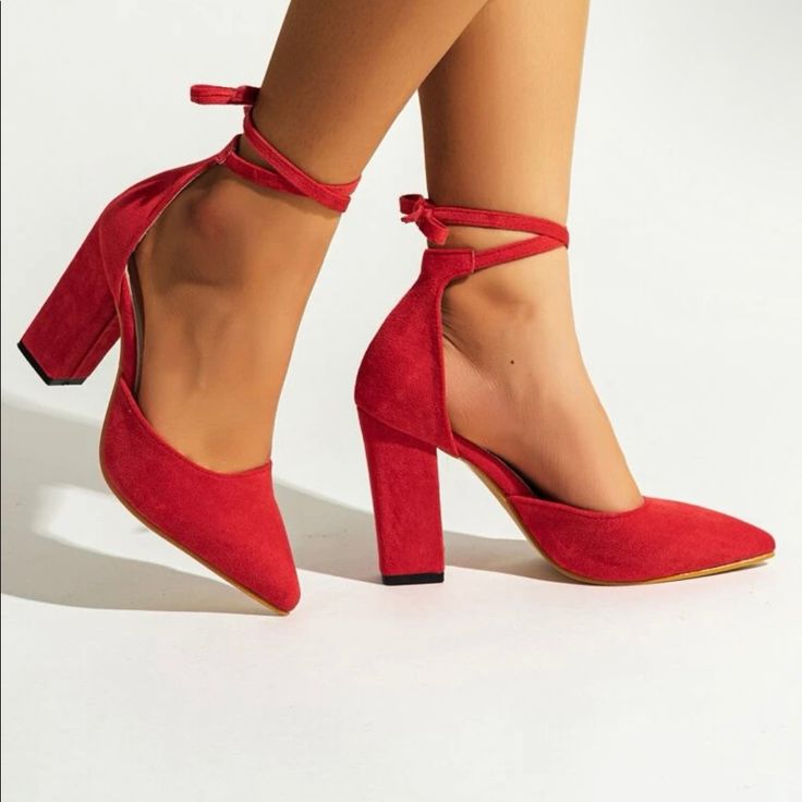 Shein Heels Never Worn Size: 39 Eur Block Heel Suede Pointed Toe 4 Inch Heel Shein Heels, Shein Shoes, Strappy Pumps, Red Homecoming Dresses, 4 Inch Heels, Lace Up Heels, Red Lace, Red Shoes, Shoe Game