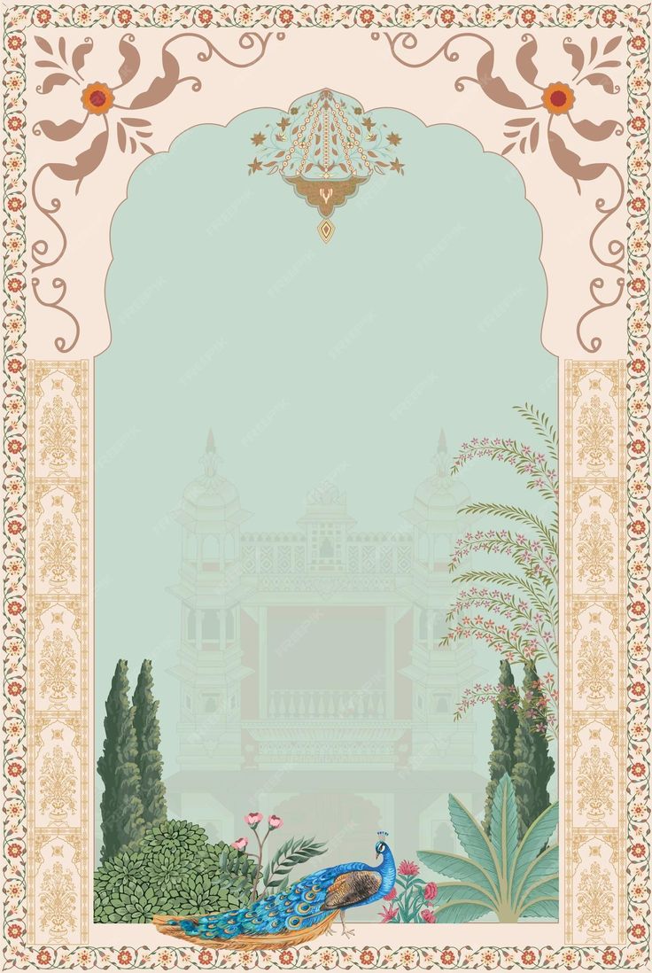 an ornate frame with peacocks and plants in front of a palace wallpaper border