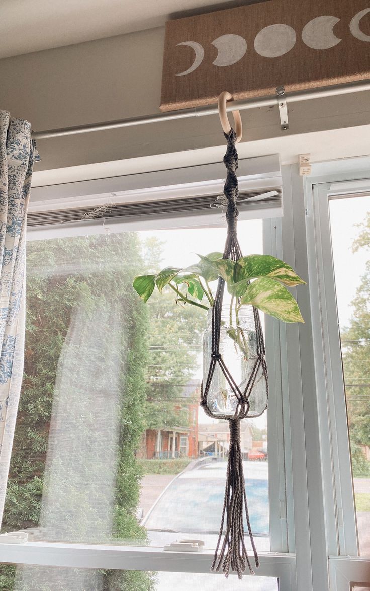 a potted plant hanging from the side of a window sill next to a curtain