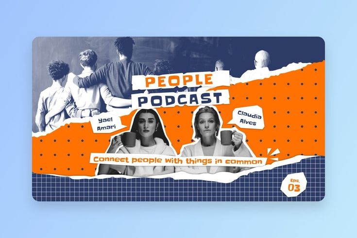 an orange and blue business card with the words people podcast on it, surrounded by images of women in conversation