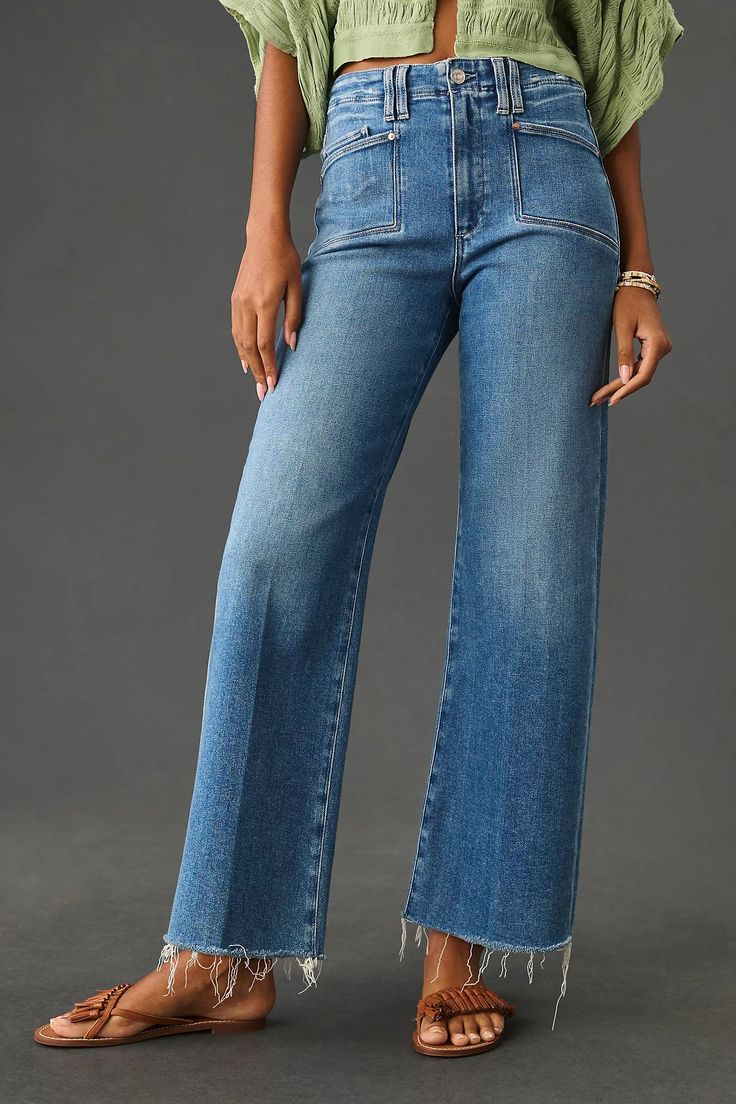 PAIGE Anessa High-Rise Wide-Leg Crop Jeans | Anthropologie How To Style Wide Leg Jeans, Style Wide Leg Jeans, Mango Clothing, Anthropologie Clothing, Timeless Wardrobe Staples, Pants Outfits, Denim Trends, Crop Jeans, Back Patch