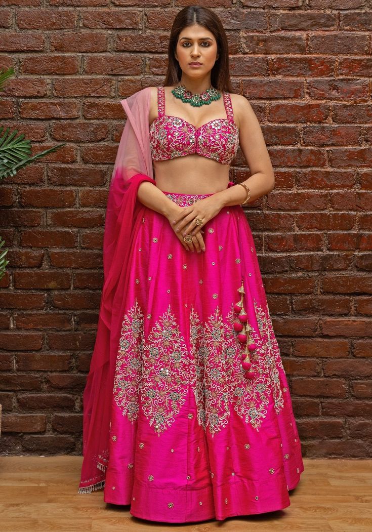 Hot Pink Hand Embroidered Lehenga Set Priti Sahni - Fabilicious Fashion Designer Embellished Raw Silk Choli, Embellished Raw Silk Choli For Designer Wear, Party Lehenga With Intricate Embroidery In Raw Silk, Raw Silk Lehenga With Mirror Work For Reception, Bollywood Style Embellished Raw Silk Lehenga, Traditional Embellished Raw Silk Lehenga, Embellished Raw Silk Lehenga With Traditional Drape, Festive Embellished Raw Silk Lehenga, Raw Silk Gown With Dori Work For Reception