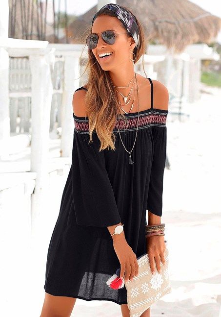 Black Beach Dress, Bohemian Mini Dress, Cheap Fashion Dresses, Cancun Trip, Three Quarter Sleeve Dresses, Boho Beach Dress, Beach Mini Dress, Beach Attire, Womens Outfits