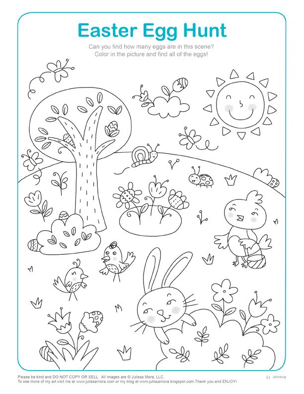 an easter egg hunt coloring page with rabbits and birds in the grass, flowers and trees