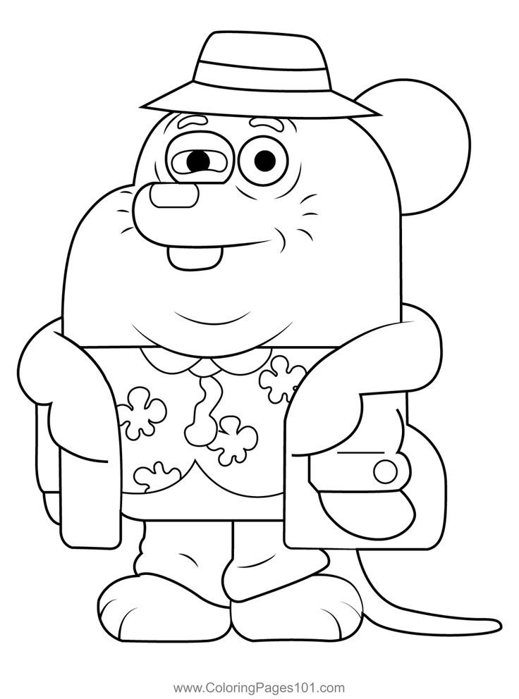 a cartoon character with a hat on and holding a toy in his hands coloring page