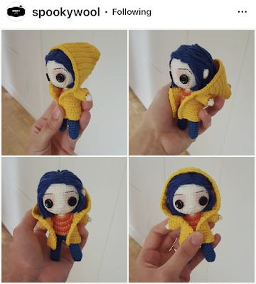 four pictures of a doll with blue hair and yellow jacket on it's head