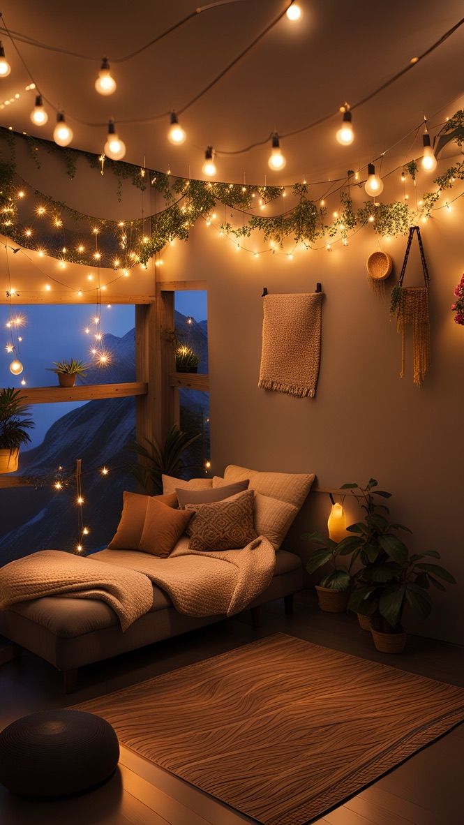 a living room filled with lots of lights and decorations on the wall next to a window