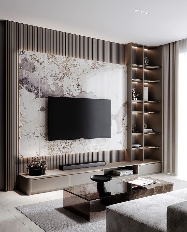 a modern living room with marble walls and shelves on either side of the tv screen