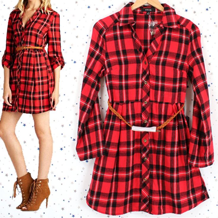 Color: Red / Black 100% Cotton (No Stretch) Shirt Dress, Tunic Shirt Button Down Closure Long Sleeve With Button Tab, Roll Up Sleeve Belt Is Included Flannel Plaid Approximate Measurements (Flat Lay): Bust: S-16 / M-17 / L-18 Length: 32 Sleeve: 21-22 * Color May Vary Due To Screen Display Setting. * Same Or Next Business Day Shipping #1971-143 Casual Red Long Sleeve Shirt Dress, Red Button-up Casual Shirt Dress, Red Button-up Shirt Dress Casual, Casual Red Shirt Dress, Red Collared Shirt Dress For Fall, Red Button-up Shirt Dress For Work, Red Shirt Dress For Fall Workwear, Red Shirt Dress For Workwear In Fall, Red Shirt Dress For Fall