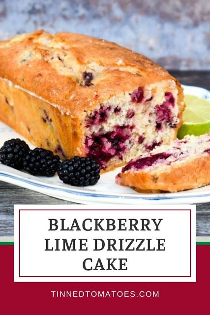 blackberry lime drizzle cake on a plate with blackberries