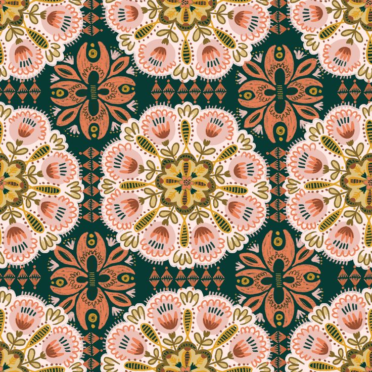 an abstract floral design in green, pink and orange colors on a black background fabric