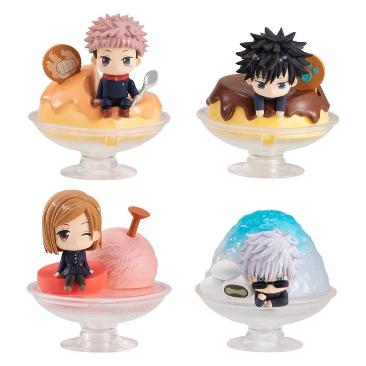 three different anime figurines sitting on top of each other in glass dishes with ice cream