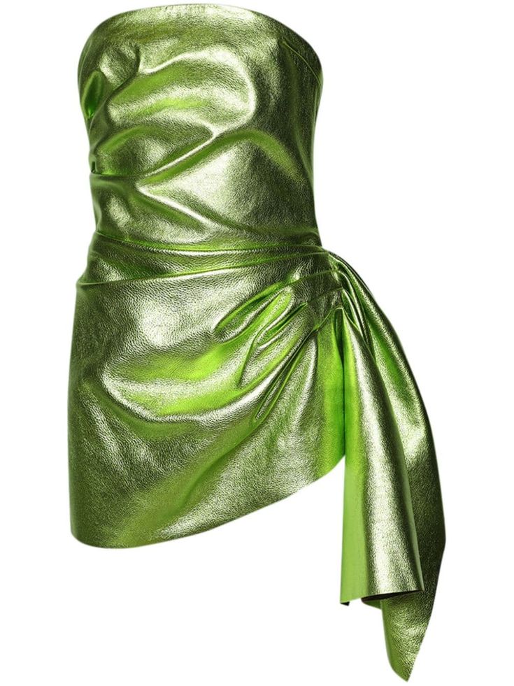 lime green leather ruched detailing draped panel detail strapless short rear zip fastening thigh-high asymmetric hem Ruched Cocktail Dress, Green Drapes, Laquan Smith, Metallic Mini Dresses, Leather Mini Dress, Aqua Dress, City Dress, Leather Dresses, Dolce E Gabbana