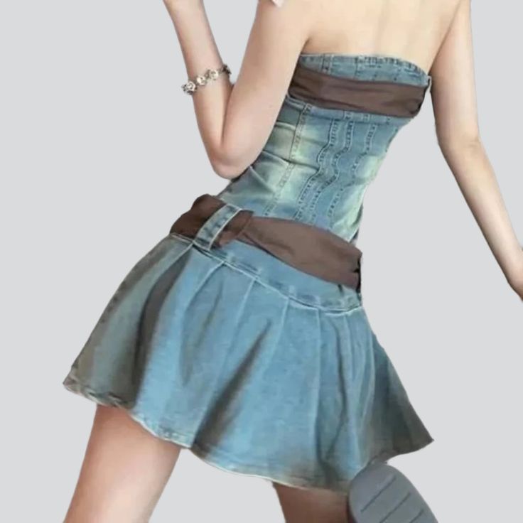 Introducing the 2023 Summer Collection's show stopping strapless denim dress with belts ââ‚?a one-of-a-kind modern statement that redefines elegance!Why It's Your New Summer Must-HaveDesigned to be the perfect blend of vintage glamour and modern trends. this dress is instantly eye-catching. The strapless silhouette and zipper closure create a vintage-inspired look with a contemporary edge. while the distressed denim material and belts give it an effortless. rocker-chic look.Key Highlights: Vinta Spring Fitted High-waist Denim Dress, Fitted High Waist Denim Dress For Spring, Spring High-waist Fitted Denim Dress, Fitted High-waist Denim Dress For Spring, Fitted Mini Dress With Belt For Summer, Fitted Denim Blue Belted Dress, Strapless Denim Corset Dress For Spring, Spring Trendy Fitted Corset Dress, Chic Summer Mini Dress With Belt