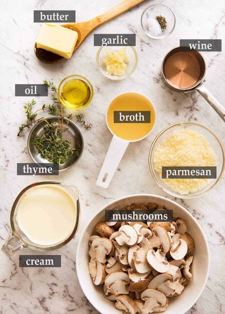 ingredients to make mushroom soup on a marble countertop with text overlay that says, mushrooms