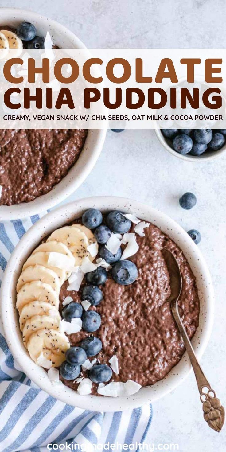 chocolate chia pudding with bananas and blueberries in two bowls on a striped towel