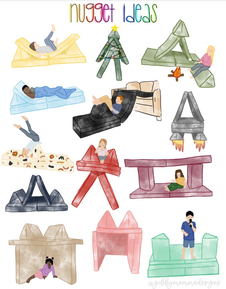 an illustration of people laying on inflatable mattresses and floating beds with the words nugget ideas above them