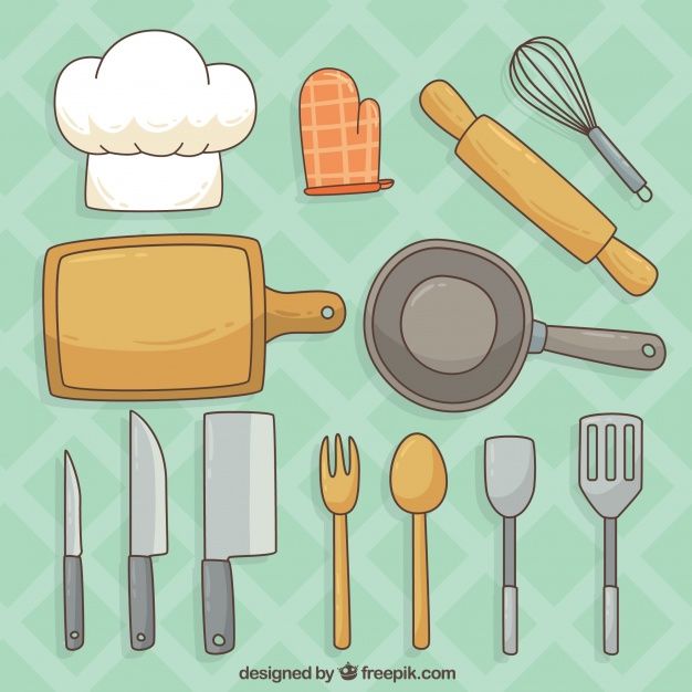 a set of kitchen utensils and other cooking tools on a green checkered background